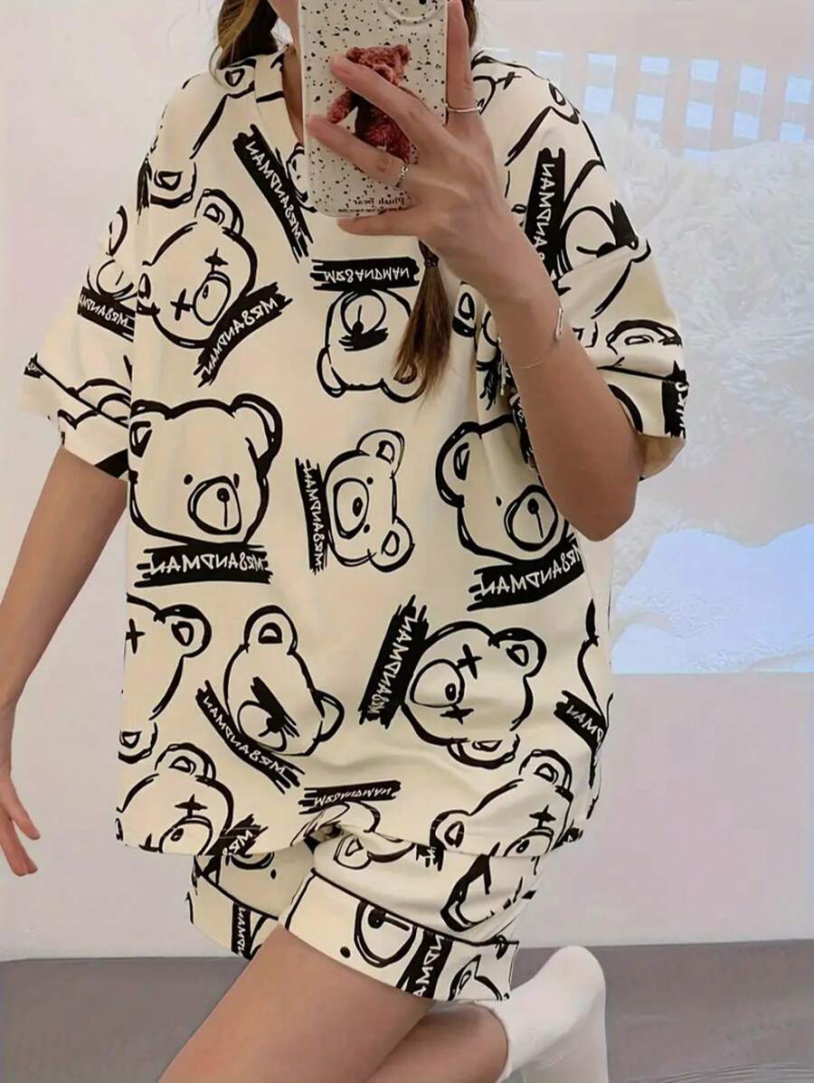 [Đồ ngủ AICJ] Bộ 2 món đồ ngủ nữ in hình gấu hoạt hình, áo tay ngắn cổ tròn và quần short, dáng rộng thoải mái, đồ mặc nhà mùa xuân hè, bộ hai món. - Nhiều màu - Xem 1