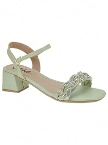 Sandals 41,42,43 Medium Thick Heel Everyday Rhinestone Square Toe Casual Shiny - Màu xanh Bạc hà - Xem 1