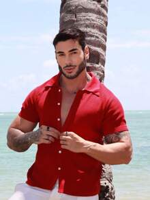 TRICOT DE LUXO Men's Short Sleeve Polo Collar Knit Shirt Blouse Summer Spring Men Casual High Quality Immediate Shipping - 紅色 - 查看 3