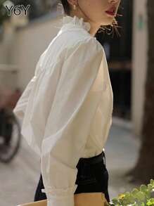 [Y6Y] 女士优雅白色长袖衬衫，荷叶边领口和褶裥细节，梭织面料，适合通勤和休闲穿着