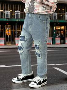 Young Boys' Fashionable Distressed Fringe Straight Leg Jeans, Spring - Baby Blue - View 4