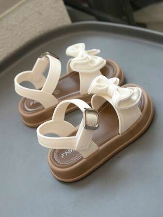 女童公主夏季凉鞋，儿童夏季沙滩鞋，露趾鞋，时尚蝴蝶结休闲平底凉鞋，白色