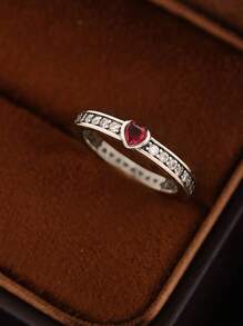 1pc Fashiona Sterling Silver Classic Teardrop Shaped Ring, Valentine's Day, Christmas, Birthday Gift For Couples, Charm Deluxe Drop Ring Gift For Woman - Half Circle Heart Inlaid With Diamonds - View 2