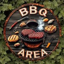 Área de Churrasco Circular de Madeira com um Logo de Madeira Inspirado em Arte de Parede Vintage de Churrasco, com Decorações Externas com Imagens de Bife e Ferramentas, Acessórios Retrô de Bar/Café/Terraço do Quintal, com Diâmetro de 19,8 cm.