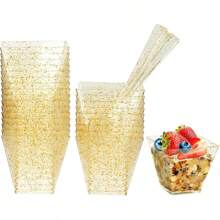 10/25/50//100/200Pcs,2oz/60ML Mini Plastic Dessert Cups With Spoons Small Square Glitter Clear Banana Pudding Cups Serving Tasting Bowls For Appetizer Birthday Wedding Party Gold And Transparent