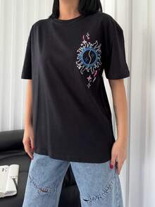 Women Summer Casual Pattern Print Round Neck Short Sleeve T-Shirt - Black - View 1