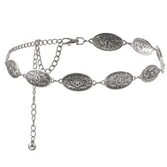 女士金属链条腰带，西部椭圆形装饰扣链条腰带，可调节腰链，适合作为连衣裙配饰、户外休闲装饰、节日派对小礼物、秋季、万圣节配饰