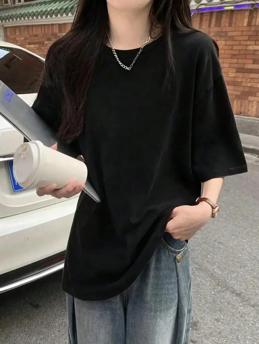 女士圆领休闲纯色短袖 T 恤，春夏 - 黑色 - 查看 1