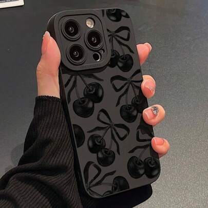 可爱黑色3D樱桃蝴蝶结时尚手机壳，单件装，卡通樱桃蝴蝶结设计，兼容 16/11/12/13/14/15/15Pro/15Plus/15ProMax/7Plus/8Plus/X/XsMax/Xr/11Pro/12Pro/13Pro/14Pro/12mini/13mini/11ProMax/12ProMax/13ProMax/14Pro Max/14Plus/6/6s/6Plus/7/8/16Pro/16Plus/16ProMax/SE 和三星Galaxy Galaxy/A54/A14/A12/A13/A15/A32/A33/A24/A52S/S20/S21/S22/S23/S24/S23Plus/S24Ultra，防水、防震、防刮，春季礼物，生日、周年纪念派对佳品