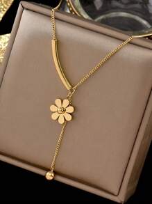 1pc Stainless Steel Fashion Minimalist Delicate Luxury Sunflower Tassel Necklace, Versatile & Unique Design Perfect For Daily Wear - Yellow Gold - View 4