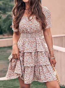 Women's Floral Summer Skirt Square Neck Short Sleeve Layered Peplum Waist Boho Swing Dress - Nền trắng với họa tiết hoa màu cam - Xem 5