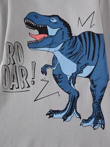 Young Boy Dinosaur Printed Long Sleeve Top And Striped Pants Pajama Set, Spring/Autumn