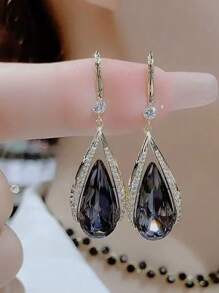 1 对时尚优雅蓝水晶耳环带耳钩，欧美经典风格，百搭 2025 新品 - 彩色 - 查看 4