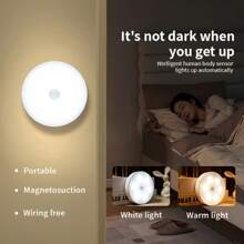 3pcs Motion-Sensor LED Night Lights With Touch Control, Adjustable Brightness, Warm & Cool White, USB Rechargeable, Easy To Install Magnet Mount For Bedroom, Stairs, Closet, Indoor Use With Sensor Function