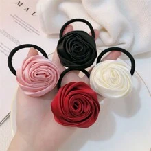 4pcs Elegant Rose Satin Hair Scrunchies, Minimalist Charming Sweet Vintage High-End Floral Print Ponytail Holders, Suitable For Daily Commute, Party, Outfit Matching, Bohemian, Polyester Fiber,Hair Accessories,Hair Elastics,Hair Ties,Hair Rope