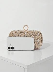 Elegant Women's Crystal Decorated Evening Clutch, Luxury Glittering Box-Shape Handbag Suitable For Weddings, Galas, Formal Events, Party Purse, Women's Top Handle, Shoulder, Crossbody Bag, Perfectly Matching With Prom Dresses For Women, Prom Accessories, Sequin Dress Women, Sparkly Dress, Elegant Dresses For Women, Perfectly Matching With Bridal Party , Wedding - Gold - View 2