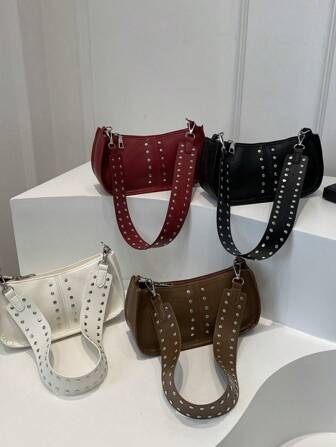 1PC Pu Autumn Aesthetic Niche Small Square Bag With Rivet Decoration, Popular Commuter Bag, Burgundy Shoulder Armpit For Women, Gift Among Friends, Suitable Daily Use