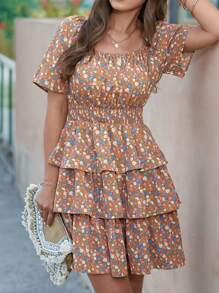 Women's Summer Floral Skirt Square Neck Short Sleeve Layered Peplum Waist Boho Swing Dress And Sundress - 薑黃色 - 查看 5