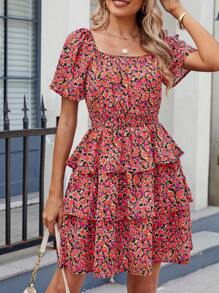 Women's Summer Floral Skirt Square Neck Short Sleeve Layered Peplum Waist Boho Swing Dress And Sundress - 黑底桔花色 - 查看 5