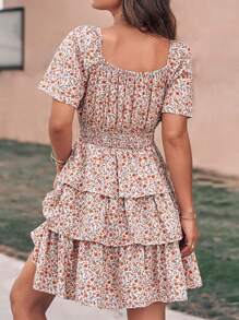 Women's Floral Summer Skirt Square Neck Short Sleeve Layered Peplum Waist Boho Swing Dress - Nền trắng với họa tiết hoa màu cam - Xem 4