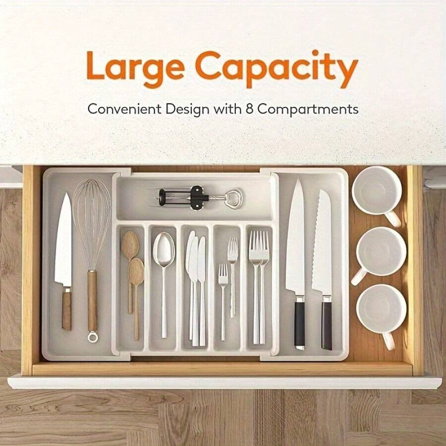 Organizador de cubiertos, organizador de cajón de utensilios de cocina multiusos y extensible, organizador de utensilios multicompartimento ajustable para tenedores, cuchillos, palillos y espátulas, organizador y almacenamiento de cocina, accesorios de cocina - Blanco - Ver 1