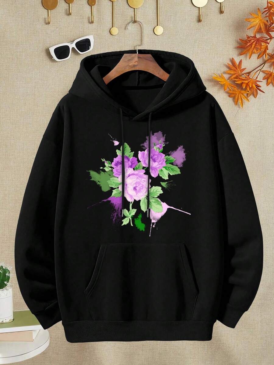 Lilac Rose Blossom Watercolour Big Size Women Hoodie Hoodie For Ladies Botanical Bouquet Pattern Pink Purple Floral Decoration - Black - View 1