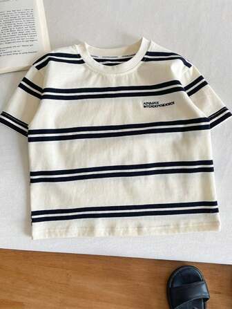 Young Boy Striped & Letter Print Short Sleeve T-Shirt, Casual Summer