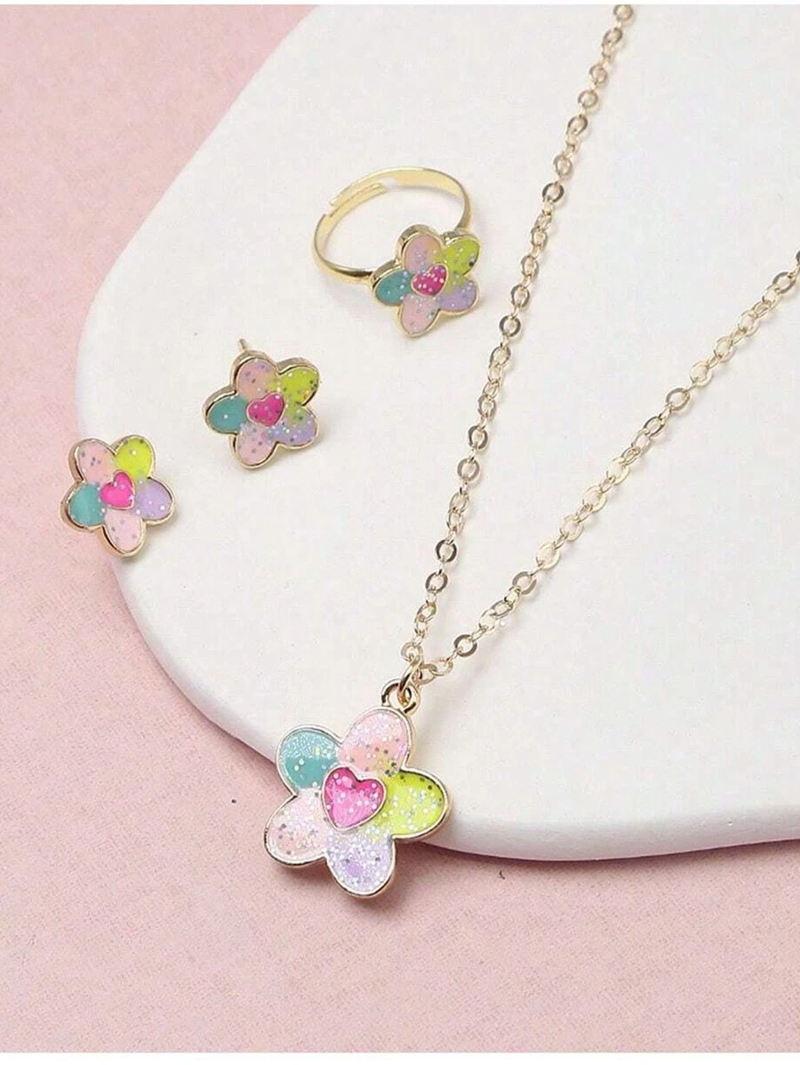 4 件套青少年项链耳环戒指套装，时尚颈链链环耳环