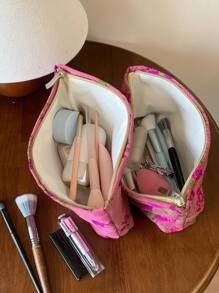 1Pc/Set Ins Style Style Flower Pattern Multi-Functional Cosmetic Organizer Handbag ,Wallet Pouch Portable Cosmetics Brush Storage Clutch With Zipper Closure For Lipstick, Brush, Skincare, Mobile Phone - Multicolor - View 4