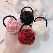 4pcs Elegant Rose Satin Hair Scrunchies, Minimalist Charming Sweet Vintage High-End Floral Print Ponytail Holders, Suitable For Daily Commute, Party, Outfit Matching, Bohemian, Polyester Fiber,Hair Accessories,Hair Elastics,Hair Ties,Hair Rope