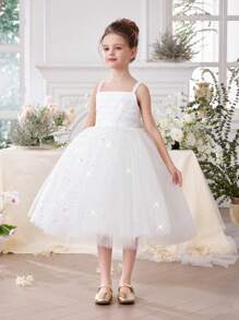 Vestido de fiesta de princesa de tul sin mangas con brillo y moño para niñas pequeñas, apropiado para cumpleaños, fiestas, bodas, actuaciones escolares y celebraciones festivas