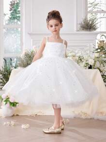 Vestido de fiesta de princesa de tul sin mangas con brillo y moño para niñas pequeñas, apropiado para cumpleaños, fiestas, bodas, actuaciones escolares y celebraciones festivas