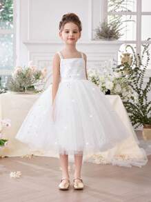 Vestido de fiesta de princesa de tul sin mangas con brillo y moño para niñas pequeñas, apropiado para cumpleaños, fiestas, bodas, actuaciones escolares y celebraciones festivas