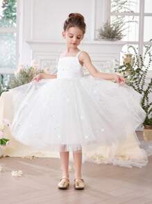 Vestido de fiesta de princesa de tul sin mangas con brillo y moño para niñas pequeñas, apropiado para cumpleaños, fiestas, bodas, actuaciones escolares y celebraciones festivas