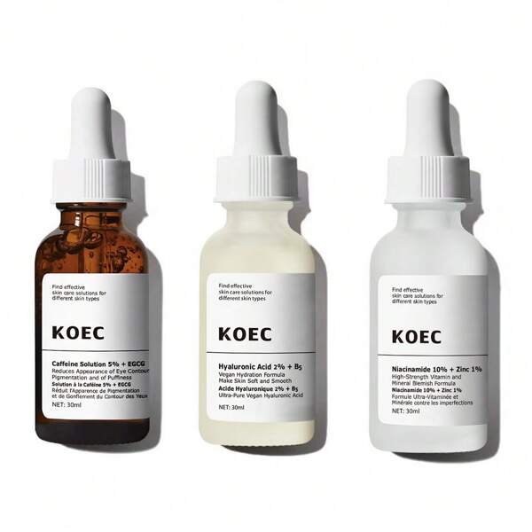 KOEC Set de 3 sueros faciales - Conjunto de cuidado de la piel: 30ml/1fl.Oz Ácido hialurónico 2% + Suero B5, Niacinamida 10% + Suero de Zinc 1%, Solución de cafeína 5% + Suero EGCG
