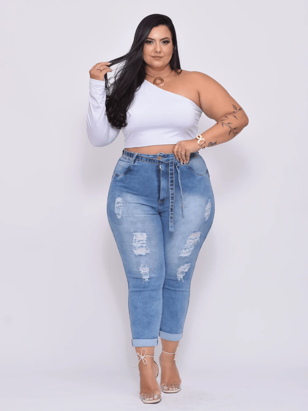 Light Blue Plus Size Capri Jeans With Butt Lift - Màu xanh nhạt - Xem 1