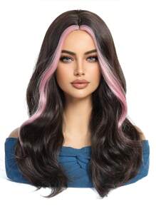 Stylish 18-Inch Pink Long Curly Hair With Bangs Highlights Synthetic Heat-Resistant Fiber Wig Women's Wigs Are Perfect For Holiday Party Everyday Wear