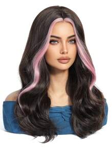 Stylish 18-Inch Pink Long Curly Hair With Bangs Highlights Synthetic Heat-Resistant Fiber Wig Women's Wigs Are Perfect For Holiday Party Everyday Wear