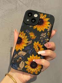 Etui na telefon z TPU z nadrukiem słonecznika w kolorze czarnym, 1 sztuka, odporne na upadki, kompatybilne z iPhone 16, 15, 14, 13, 12, 11 Pro Max i serią