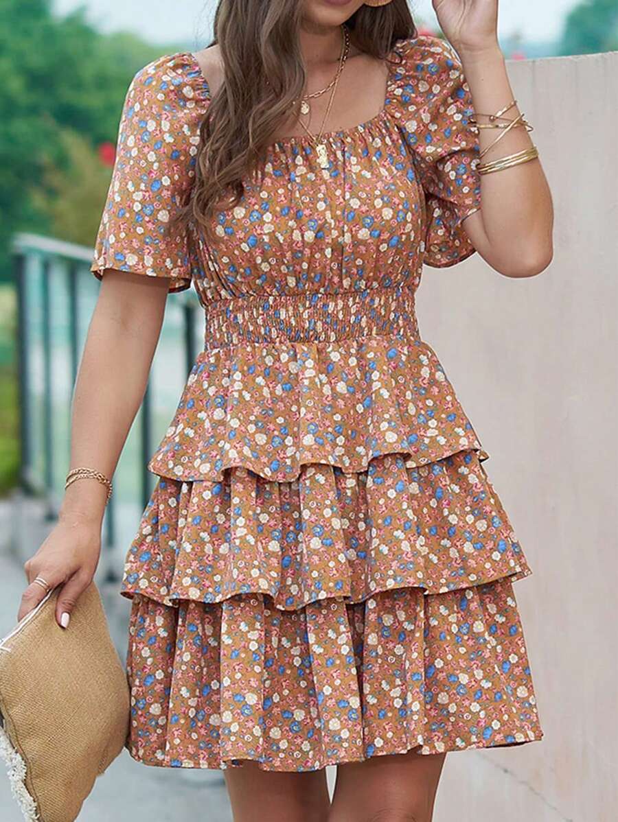 Women's Summer Floral Skirt Square Neck Short Sleeve Layered Peplum Waist Boho Swing Dress And Sundress - 薑黃色 - 查看 1