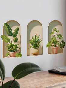 1-3 件 3D 盆栽植物墙贴，PVC 防水自粘贴纸，装饰艺术风格绿色植物自粘贴花，哑光塑料花卉壁画，带花卉主题，适用于家居装饰、办公室装饰、客厅装饰、卧室装饰、书房装饰、墙壁装饰贴花