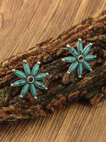 1pc Zinc Alloy Earrings With Turquoise Inlaid In Starfish Shape For Women, Bohemian Women's Jewelry, Retro Western Women's Fashion Earrings, Suitable For Daily Wear Or As A Gift For Friends