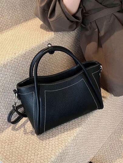 新款时尚经典小丑纯色PU防水手提包，拉链封口设计，双提手，绗缝水桶包，适合购物、通勤、工作、外出和约会