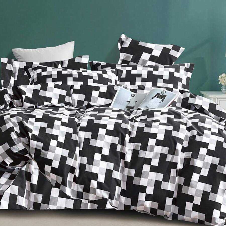 Bộ đồ giường 100% cotton họa tiết caro đen trắng, mùa xuân và mùa thu - Hình vuông đen trắng - Xem 1