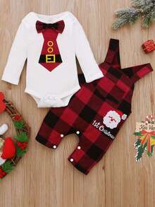 Conjunto navideño para bebé niño, mono y pantalón de manga larga con estampado navideño de dibujos animados y pantalones con tirantes a cuadros - Blanco - Ver 4