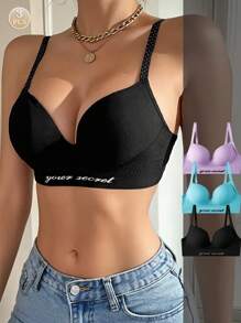 Set de 3 piezas de ropa interior femenina sin aros, de estilo simple y casual, con soporte y cómoda, transpirable