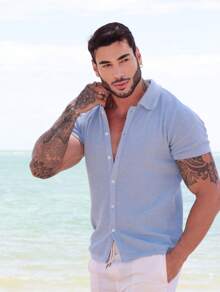 TRICOT DE LUXO Men's Short Sleeve Polo Collar Knit Shirt Blouse Summer Spring Men Casual High Quality Immediate Shipping - Màu xanh nhạt - Xem 4