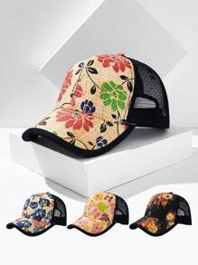 1 件花卉印花透气网眼卡车司机帽，夏季草帽檐棒球帽 - 彩色 - 查看 9
