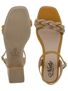 Sandals 41,42,43 Medium Thick Heel Everyday Rhinestone Square Toe Casual Shiny - 駝色 - 查看 5