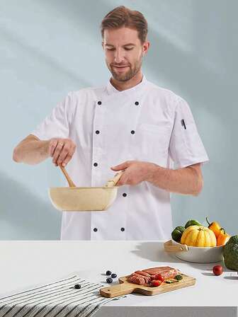 男女通用厨师服，短袖纯色厨师夹克，适用于餐厅、酒店厨房员工制服